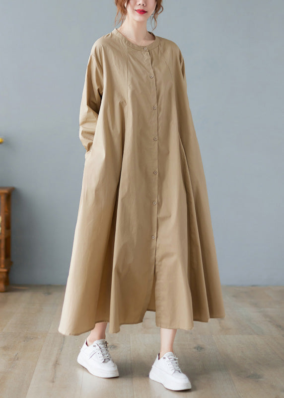 Khaki O-neck Button Cotton Long Shirts Dress Long Sleeve