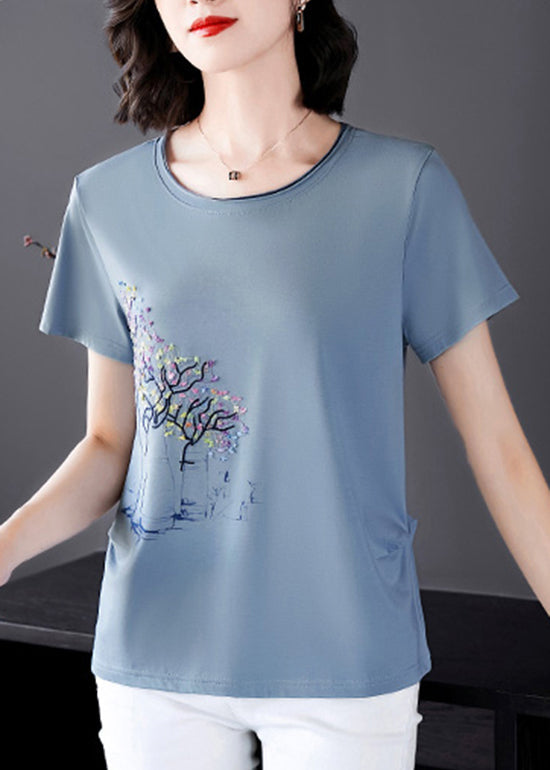 Italian Light Blue O-neck Embroideried Modal Cotton Tank Tops Short Sleeve