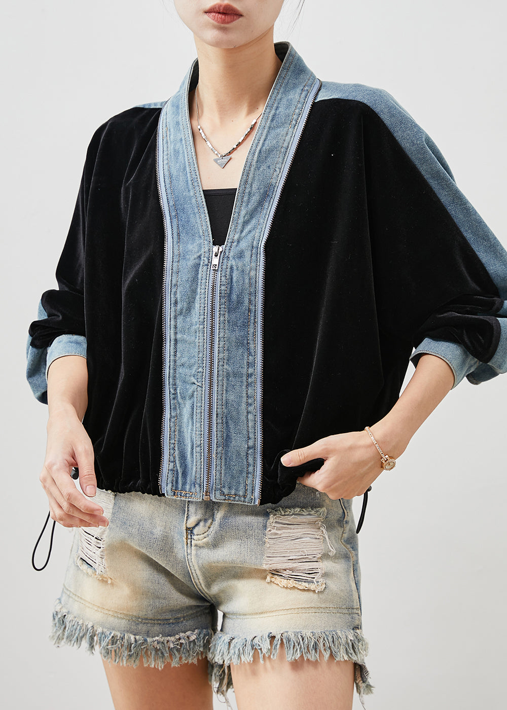 Black Zip Up Patchwork Silk Velvet Denim Coats Spring