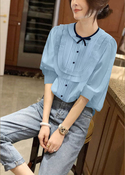 Blue O-neck Patchwork Bow Wrinkled Chiffon Shirt Bracelet Sleeve Summer