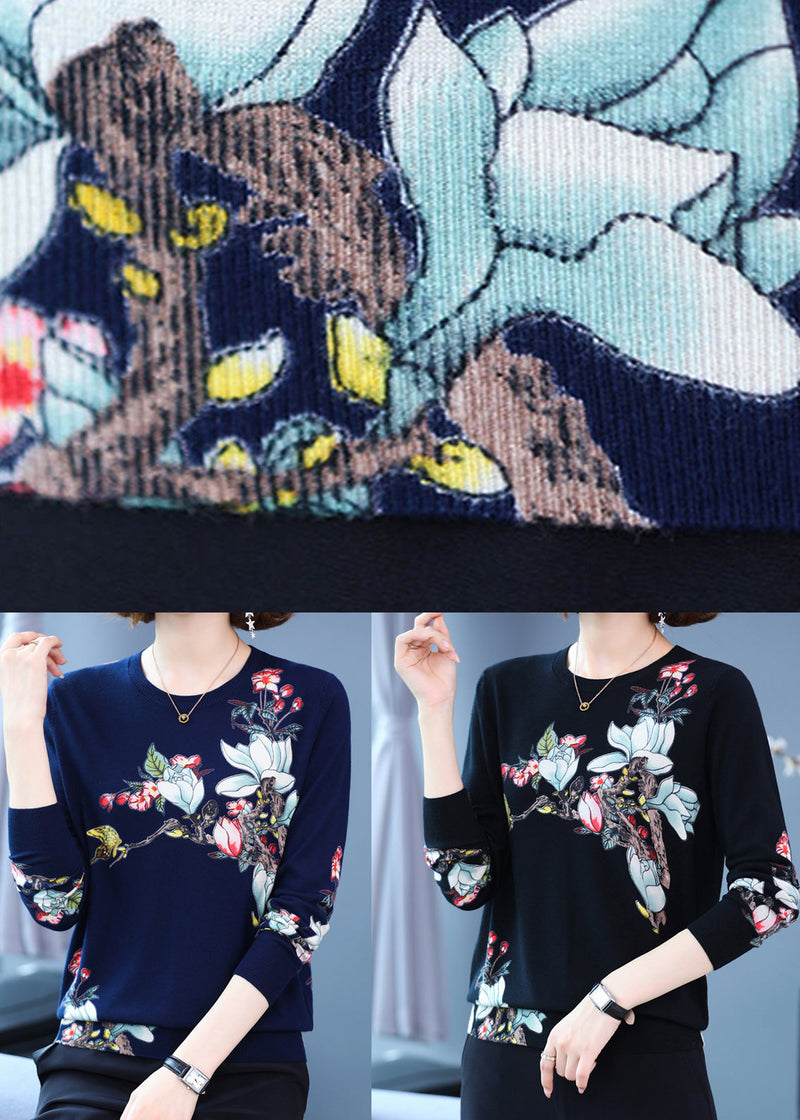 Navy O Neck Print Loose Woolen Knit Top Spring