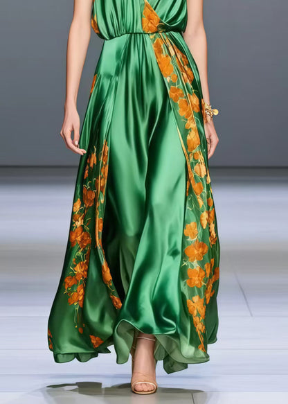 Peacock Green V Neck Print Silk Holiday Dress Sleeveless