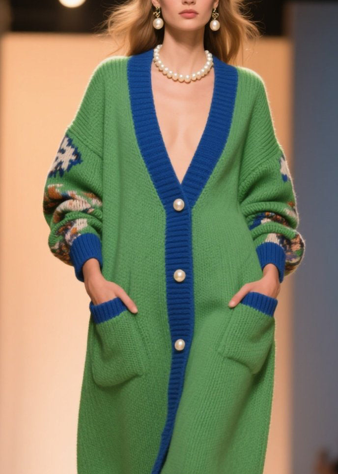 Green V Neck Print Button Knit Loose Coat Winter