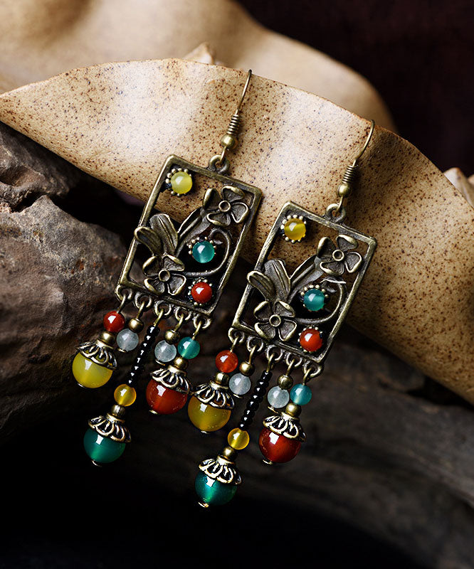 Multi Color Agate Metal Copper Tassel Drop Earrings