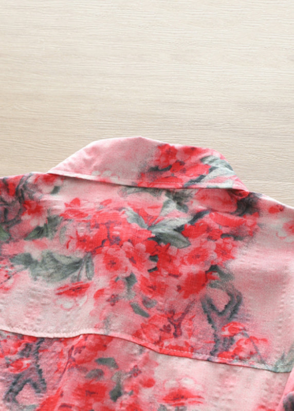 Red Peter Pan Collar Print Button Shirts Long Sleeve