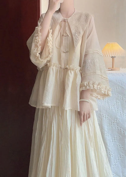Art Beige Peter Pan Collar Ruffled Shirts and Skirts Cotton Two Pieces Set Spring