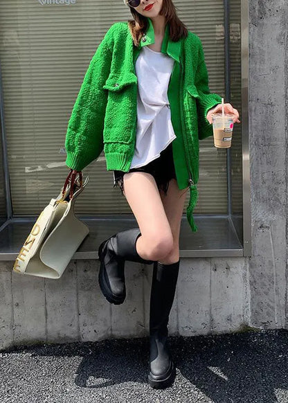 Natural Green Zippered Button Pockets Patchwork Fall Knit Sweaters Coat