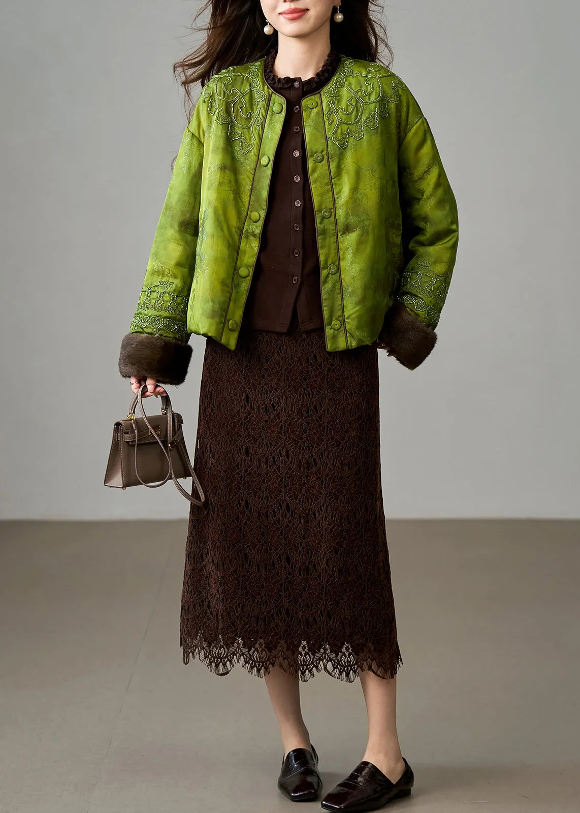 Stylish Green Embroidered Patchwork Mink Hair Duck Down Coats Winter