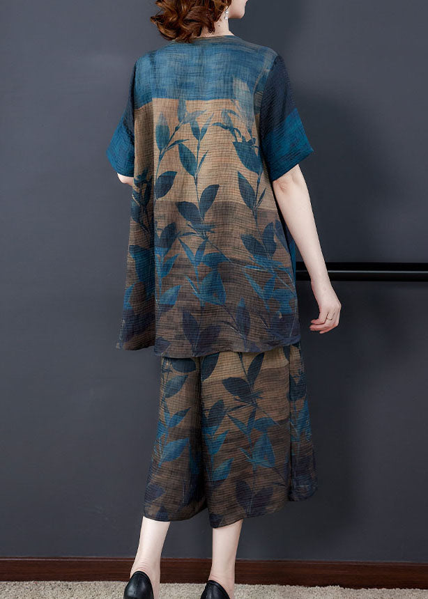 Blue Print Silk Top and Crop Pant Two-piece Set Low High Design Summer