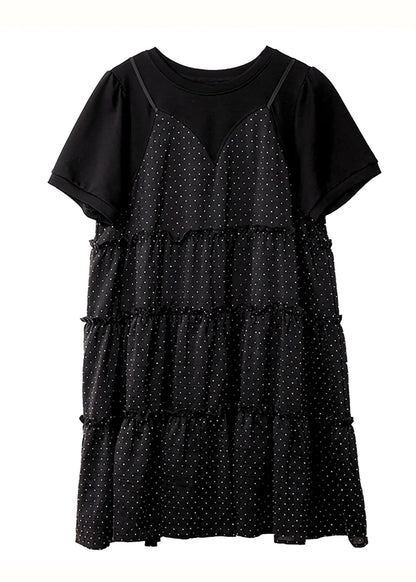 Unique Black O-neck Patchwork Dot Print Fake Two Pieces Chiffon Mid Dresses Summer