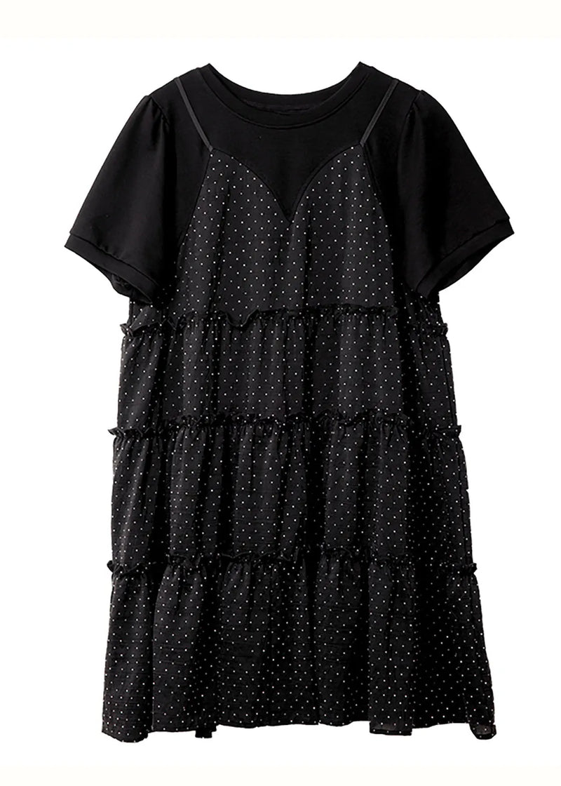 Unique Black O-neck Patchwork Dot Print Fake Two Pieces Chiffon Mid Dresses Summer