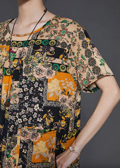 Boutique Khaki Oversized Print Chiffon Holiday Dress Summer
