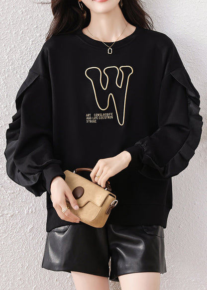 Black Ruffled Embroidered Cotton Pullover Fall