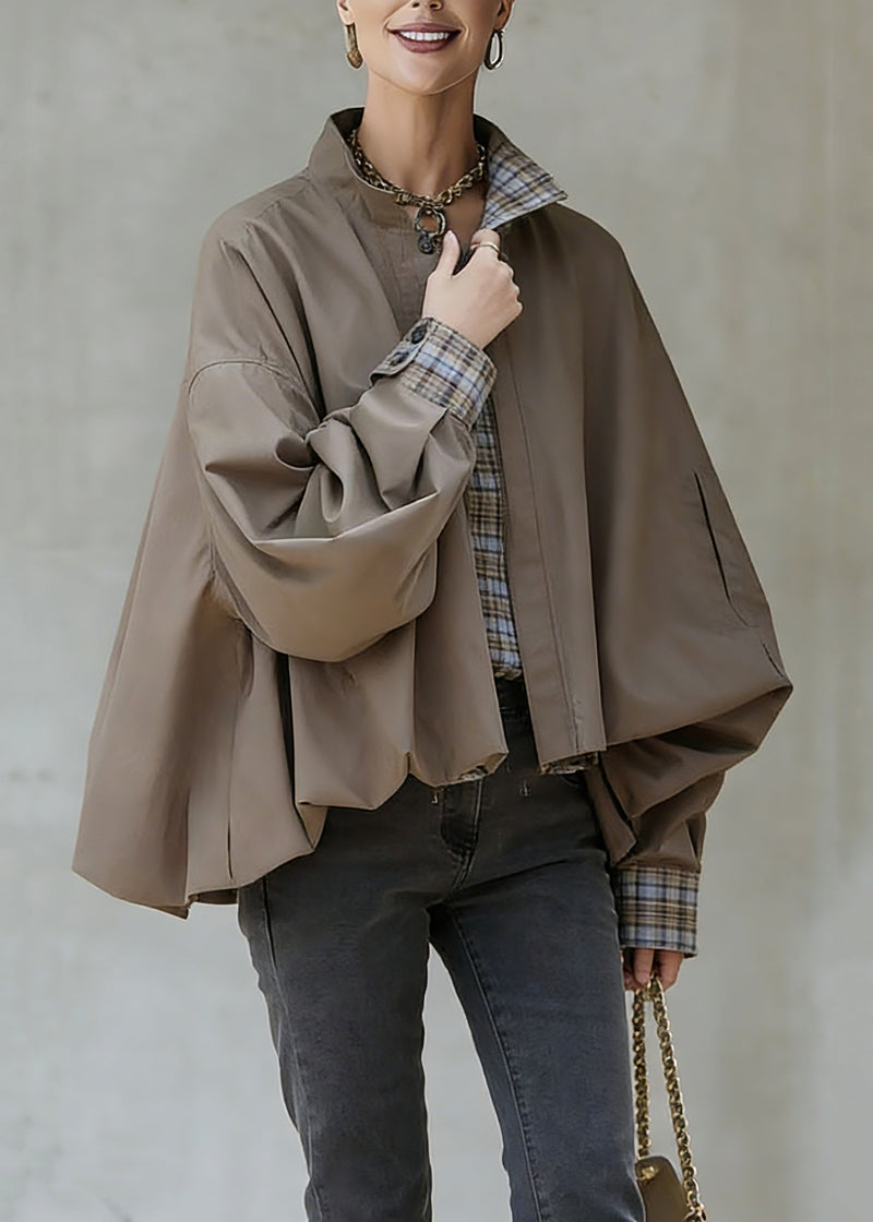 Khaki Stand Collar Pockets Patchwork Low High Design Coat Spring