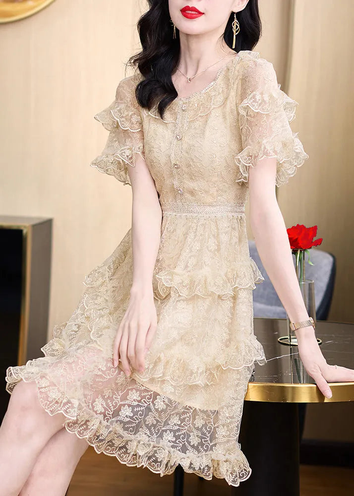 Khaki Embroidered Ruffled Lace Mid Dress Summer