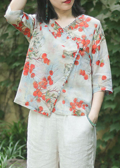 Slim Fit Light Green Button V Neck Linen Tops Three Quarter Sleeve