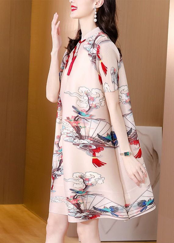 Original Design Apricot Mandarin Collar Print Oriental Button Wrinkled Silk a Line Dresses Short Sleeve