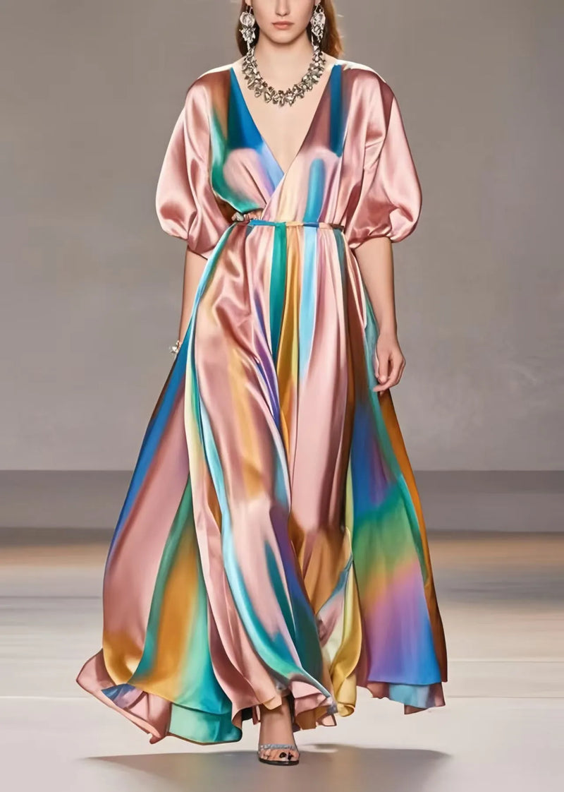 Style Rubber Red V Neck Tie Dye Silk Maxi Dresses Summer