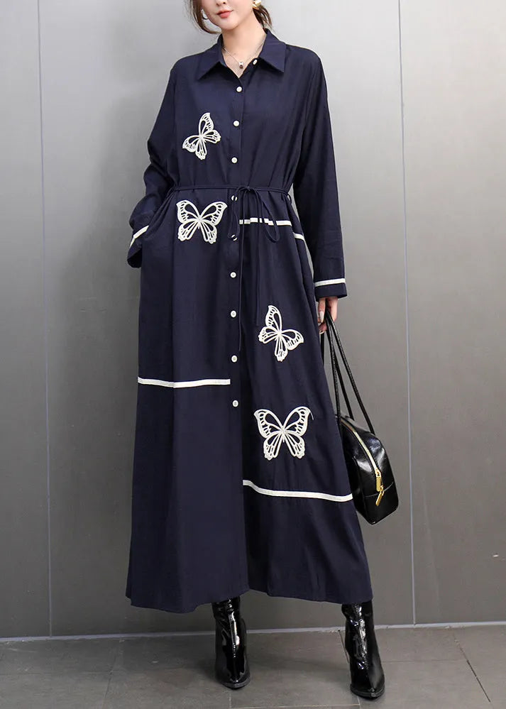 Black Peter Pan Collar Print Long Dress Spring