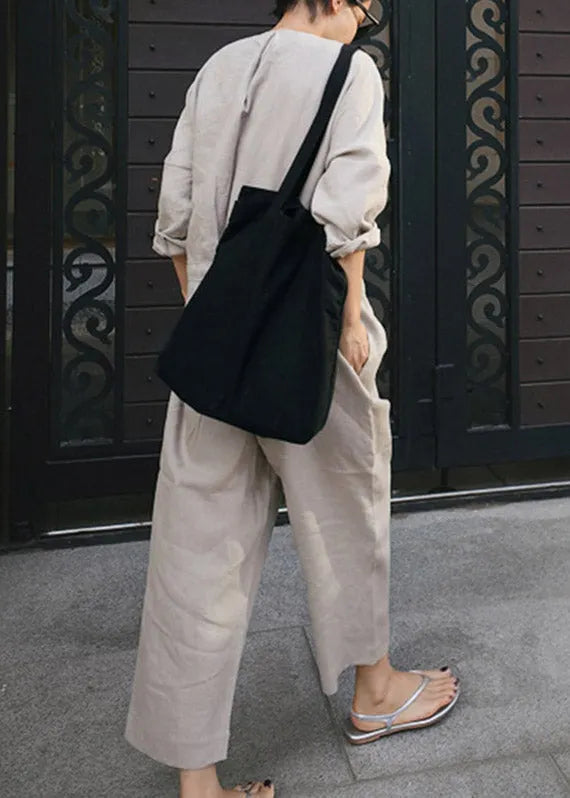 Grey V Neck Button Linen Jumpsuit Spring
