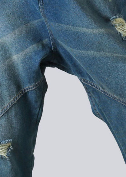 Diy Blue Patchwork Pockets Elastic Waist Harem Pants Spring