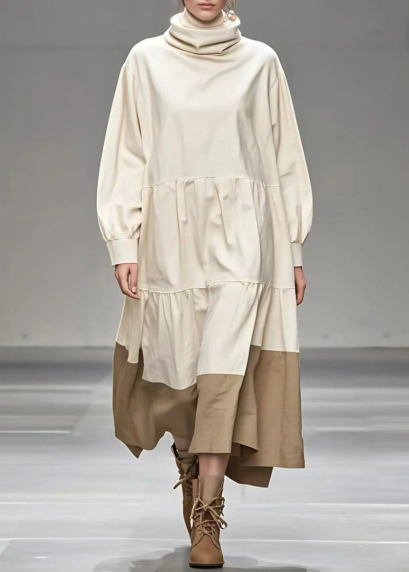 Beige Peter Pan Collar Patchwork Maxi Dress Fall