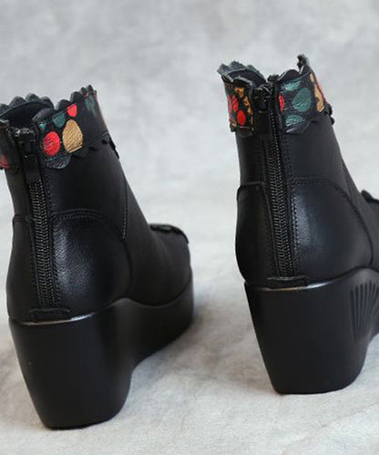 Red Splicing Cowhide Leather Ankle Boots Wedge