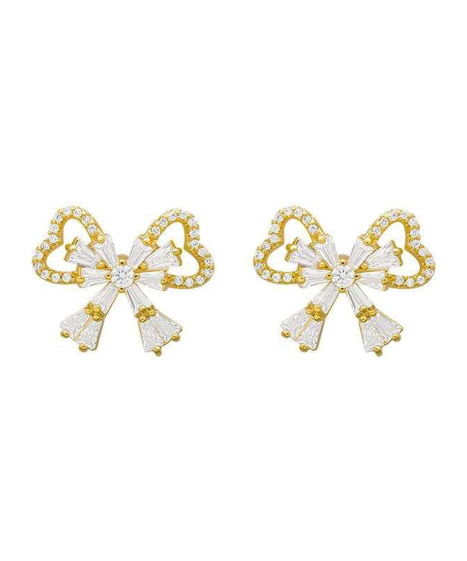 Gold Sterling Silver Alloy Zircon Bow Stud Earrings