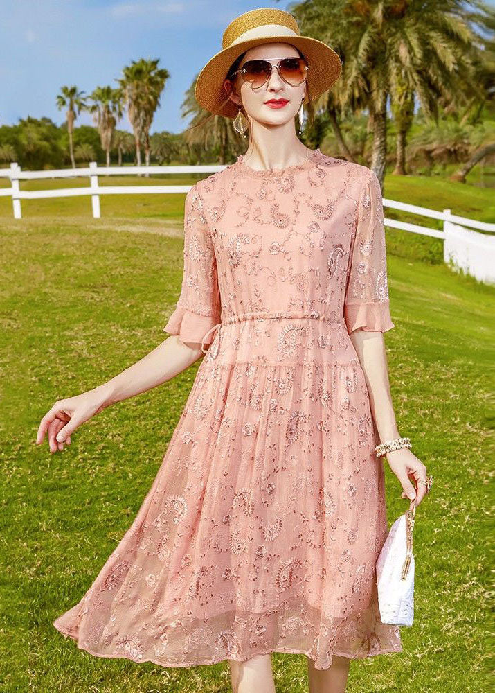 Pink Ruffled Embroideried Tie Waist Silk Cinch Dress Half Sleeve Summer