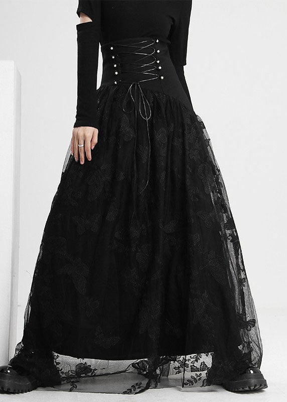 Art Black Tie Waist Butterfly Tulle Skirt Spring
