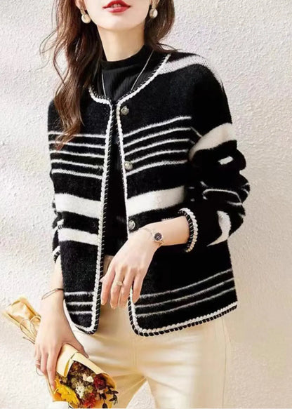 French Black O Neck Striped Mink Hair Knitted Coat Fall