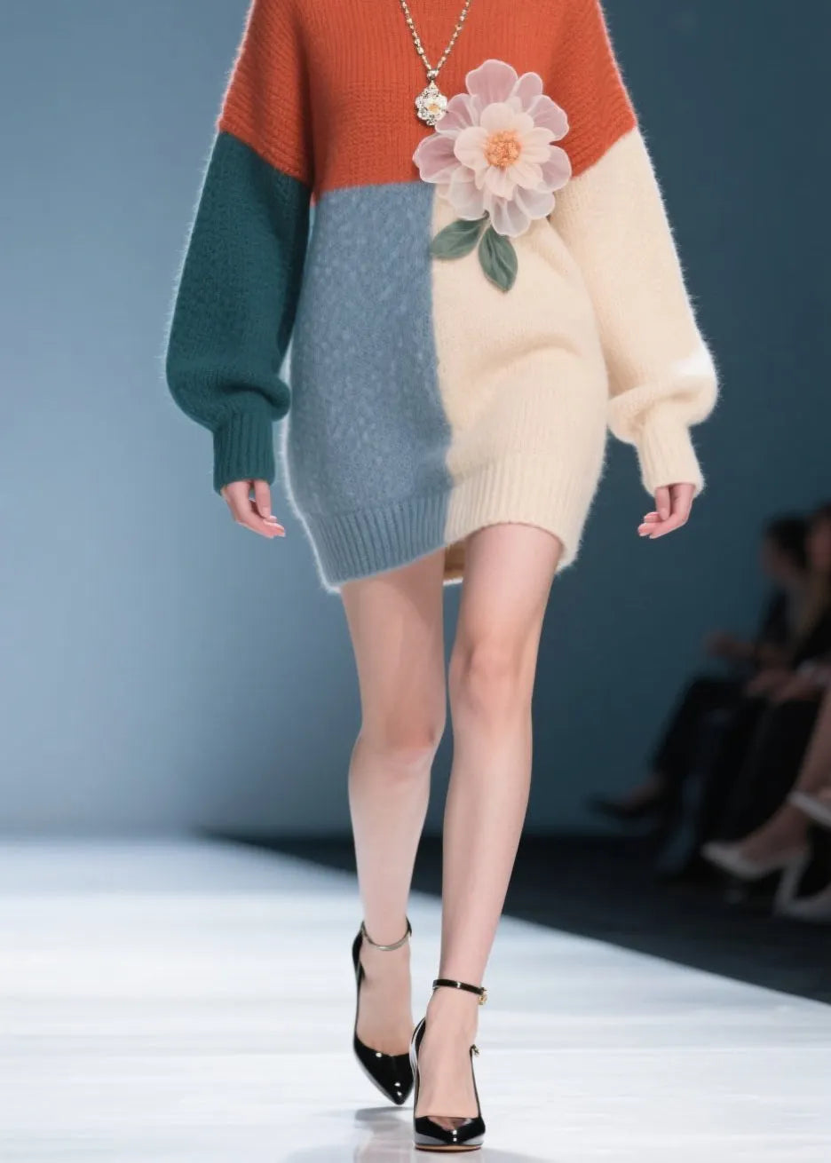 Classy Colorblock O Neck Knit Dress Fall