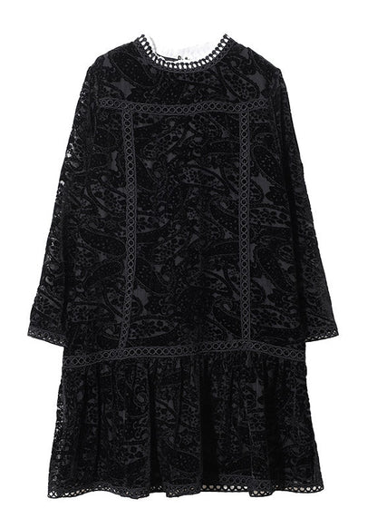 Black O-neck Crochet Velour Pleated Dresses Long Sleeve