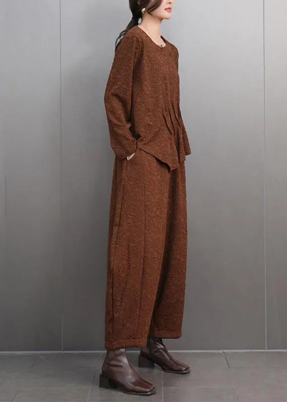 Brown O-neck Print T Shirts and Lantern Pants Two Pieces Set Spring