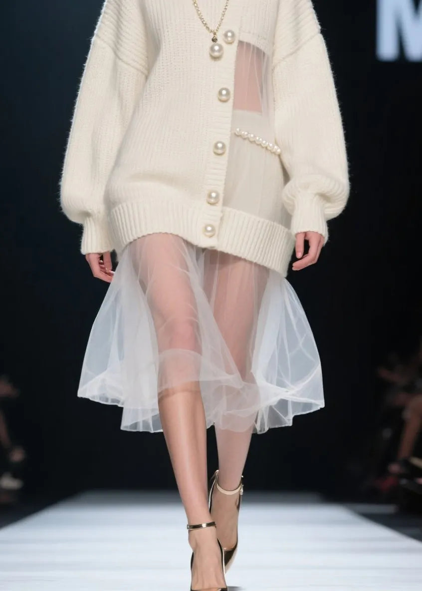 New Beige Nail Bead Tulle Patchwork Knit Sweaters Dress Fall