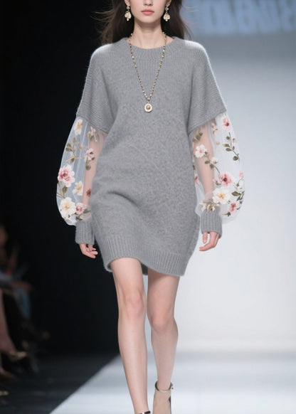 Grey O Neck Tulle Patchwork Knit Dress Winter