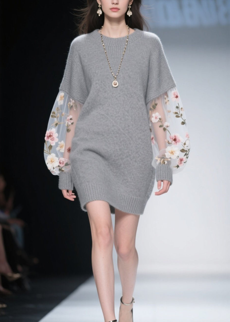 Grey O Neck Tulle Patchwork Knit Dress Winter