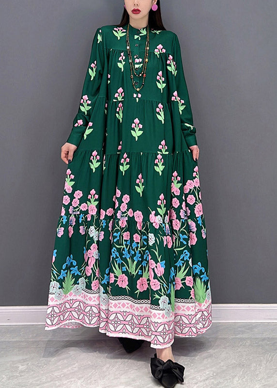 Green Print Long Beach Dresses Wrinkled Long Sleeve