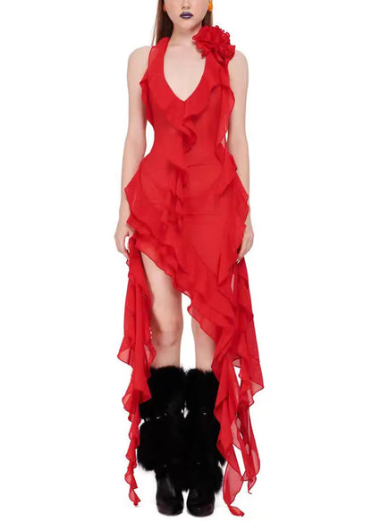 Rose V Neck Lace Up Cotton Vacation Dresses Sleeveless
