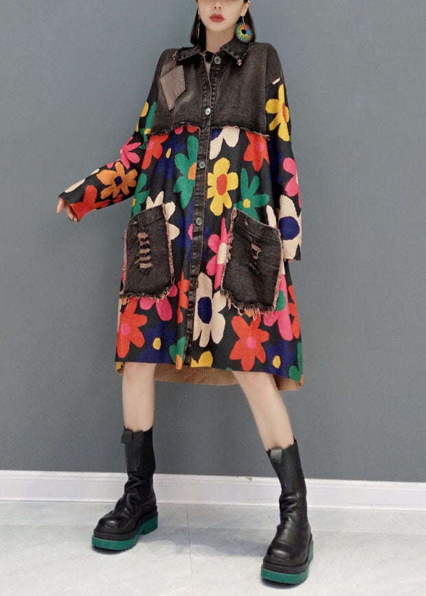 Black Oversized Patchwork Print Cotton Denim Dress Spring