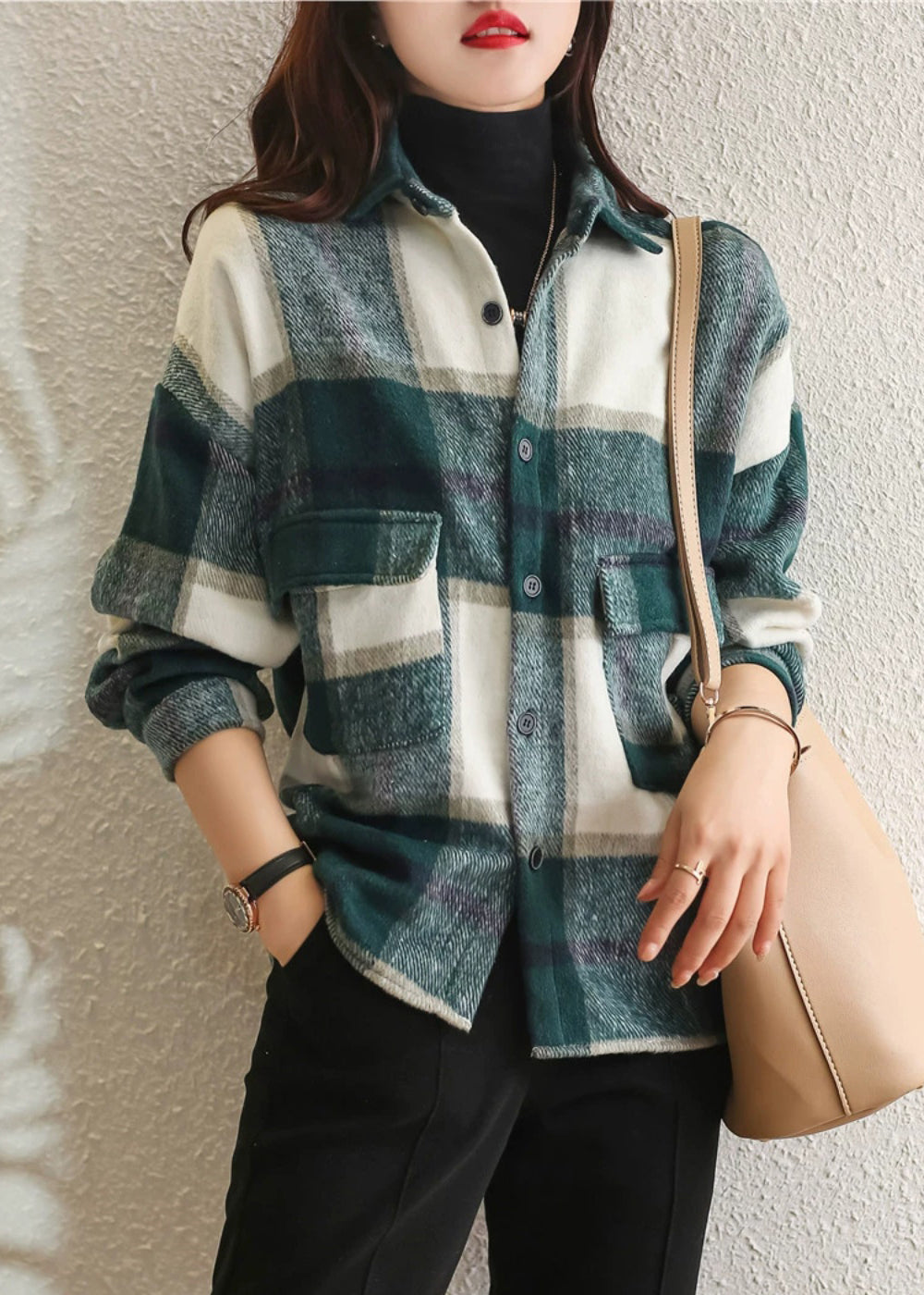 Green Plaid Peter Pan Collar Cotton Shirt Tops Fall