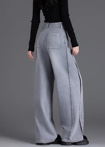 Stylish Grey Pockets Patchwork Denim Wide Leg Pants Spring