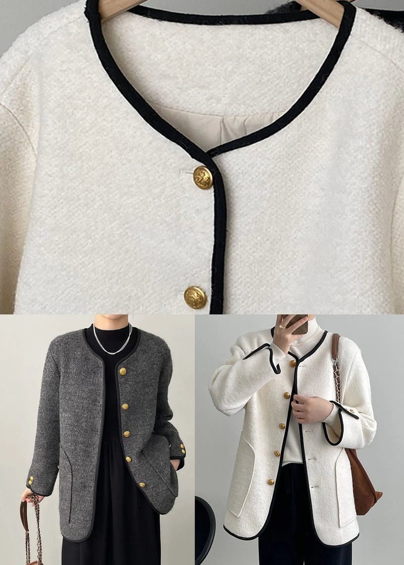 White Pockets Patchwork Woolen Coat Long Sleeve