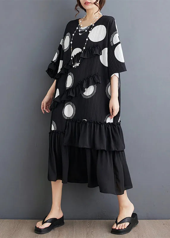 Black O Neck Ruffled Patchwork Chiffon Dress Summer