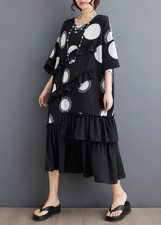 Black O Neck Ruffled Patchwork Chiffon Dress Summer