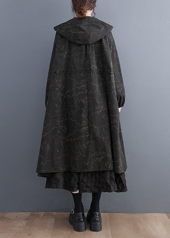 Vogue Black Asymmetrical Patchwork Print Zippered Tie Waist Hoodie Trench Coat Spring