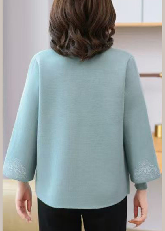 Light Blue V Neck Print Tassel Cotton Knit Cardigans and Sweaters Two Pieces Set Fall