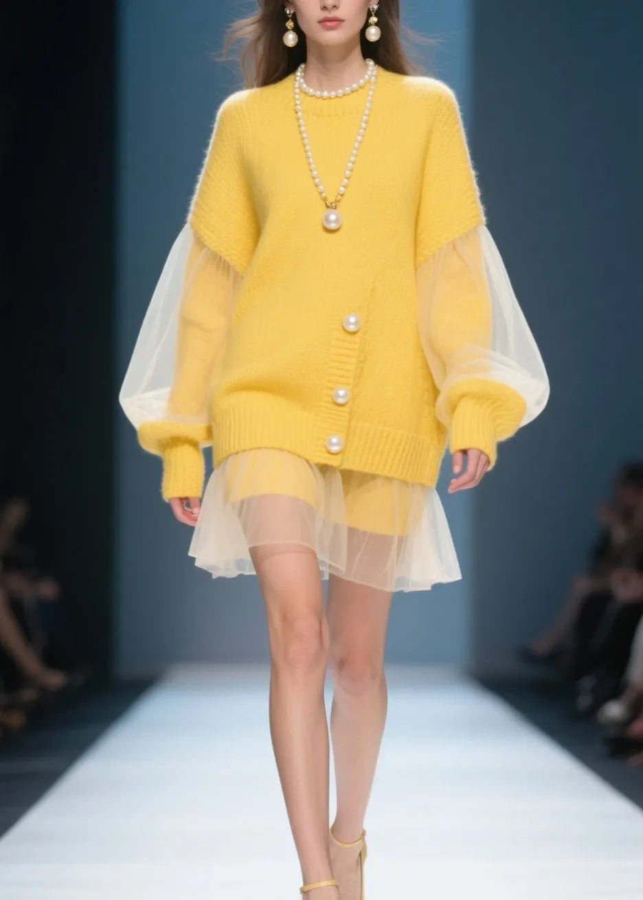 Yellow O Neck Tulle Patchwork Knit Dress Fall