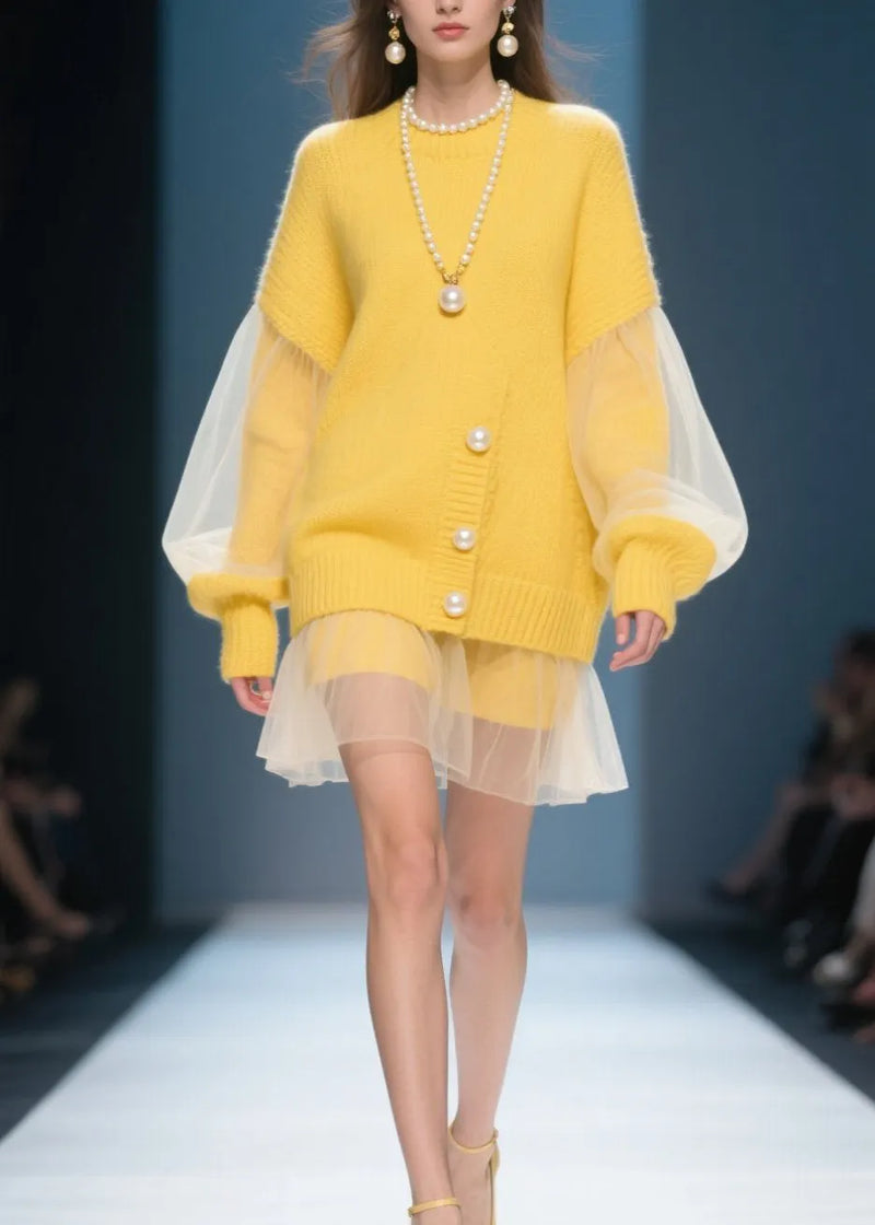 Yellow O Neck Tulle Patchwork Knit Dress Fall