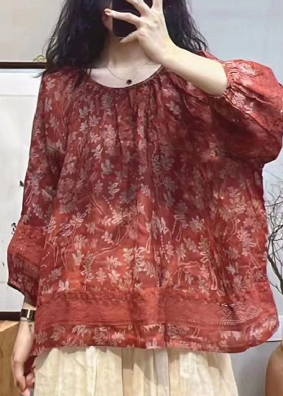 Red O-neck Print Hollow Out Patchwork Tops Lantern Sleeve